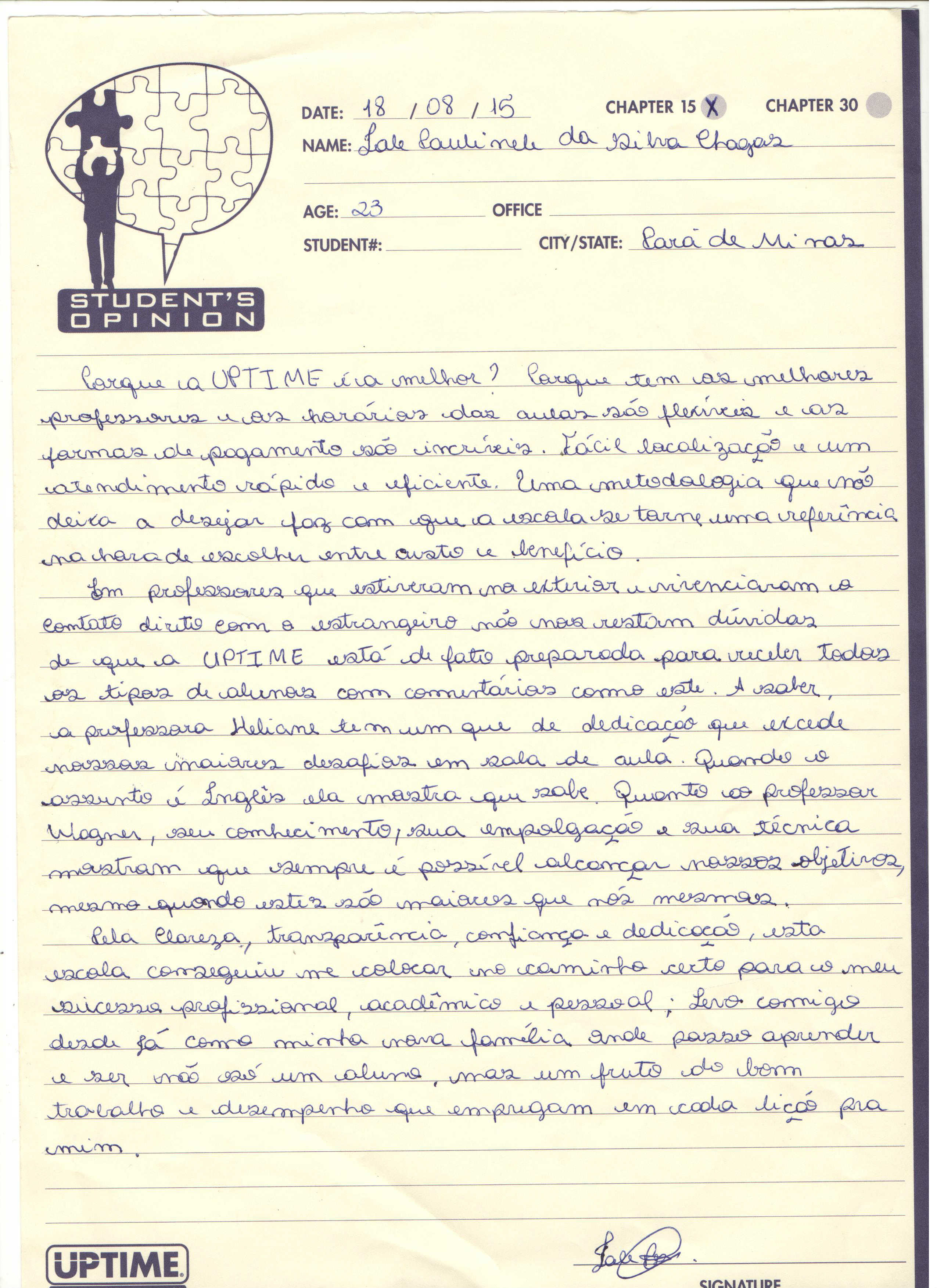 Carta opinião de quem estuda na UPTIME